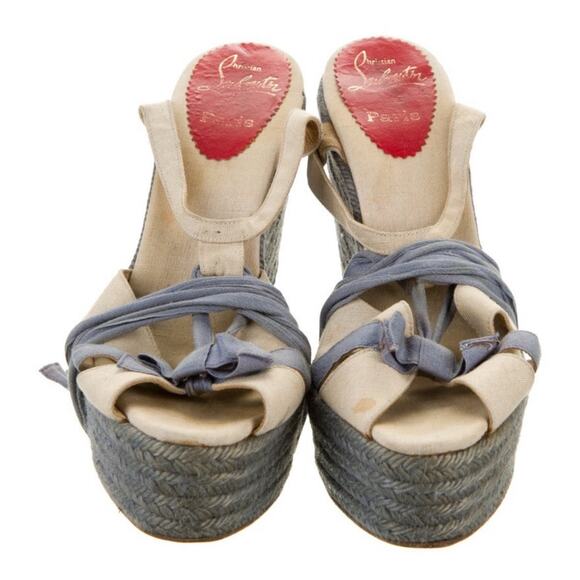 Authentic Christian Louboutin Blue Cream Wedge Lace Up Gladiator Sandals EU 39 - Picture 2 of 8